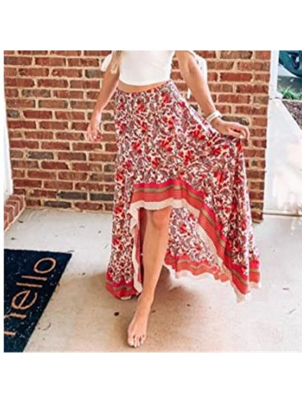 Fashion Pink Floral Long Skirt Elastic Waist Comfy Short Skirt - Picture 5 of 5